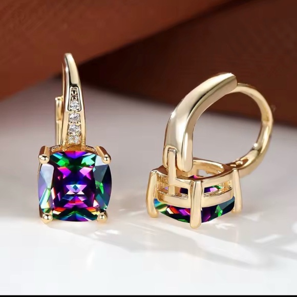 2.7Ct Emerald Cut Lab Created Mystic Topaz  Drop/Dangle Earrings 14k Yellow Gold - Picture 2 of 2